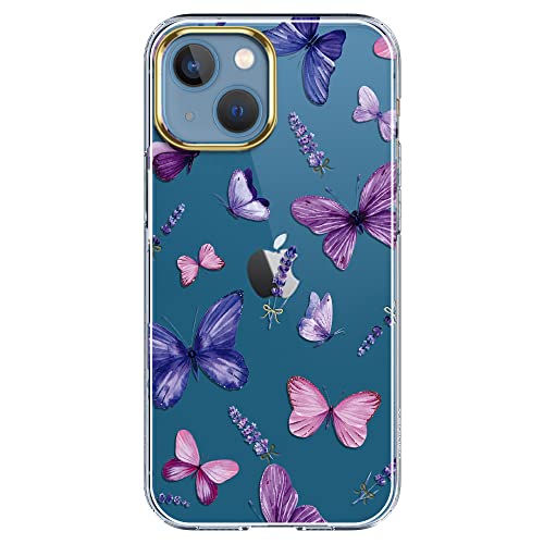 luolnh Kompatibel mit iPhone 13 Hülle mit Blume, für mädchenhafte Frauen, stoßfest, durchsichtiges Blumenmuster, harte Rückseite für iPhone 13 6,1 Zoll (15,5 cm) 2021, Schmetterling von luolnh