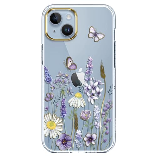 luolnh Kompatibel mit iPhone 13 Hülle mit Blume, für mädchenhafte Frauen, stoßfest, klares Blumenmuster, harte Rückseite für iPhone 13 6,1 Zoll 2021 (blau, lila Wildblume) von luolnh