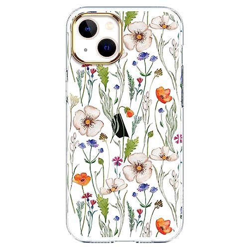 luolnh Kompatibel mit iPhone 14 Hülle für mädchenhafte Frauen, stoßfest, klares Pflanzenmuster, harte Rückseite für iPhone 14 6,1 Zoll 2022 (weiße Wildblume) von luolnh