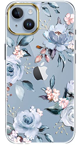 luolnh Kompatibel mit iPhone 14 Plus Hülle mit Blumen, für mädchenhafte Frauen, stoßfest, klares Blumenmuster, harte Rückseite für iPhone 14 Plus 6,7 Zoll 2022, Blau von luolnh