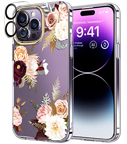 luolnh Kompatibel mit iPhone 14 Pro Max Hülle mit Blumen, für mädchenhafte Frauen, stoßfest, klares Blumenmuster, harte Rückseite für iPhone 14 Pro Max 6,7 Zoll 2022 (rosa lila weiße Blume) von luolnh