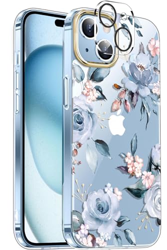 luolnh Kompatibel mit iPhone 15 Hülle mit Handschlaufe, für Damen und Mädchen, stoßfest, klares Blumenmuster, harte Rückseite für iPhone 15, 15,5 cm (6,1 Zoll) 2023, Blau von luolnh
