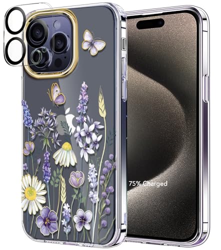 luolnh Kompatibel mit iPhone 15 Pro Hülle, für Damen und Mädchen, stoßfest, klares Blumenmuster, harte Rückseite für iPhone 15 Pro 6,1 Zoll 2023, lila und blau von luolnh
