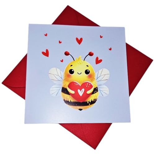 Süße Bienen-Grußkarte mit Herz für Geburtstag, Valentinstag, Muttertag, 12x12 cm, 10er Set mit roten Umschlägen, Klappkarten von m-creativeworld production