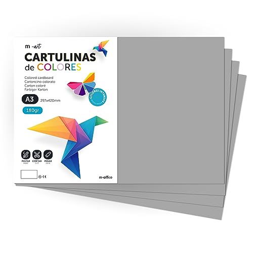 Cartulina de Colores, Cartulina A3, Folios Colores 180gr, Bloc cartulina colores intensos, Ideal para Manualidades, Imprimir tus Documentos y Diseños Creativos · m-office (200 Hojas, Gris) von m-office