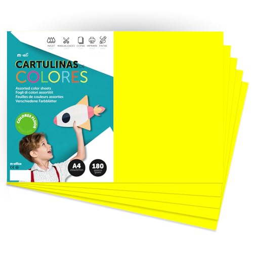 Farbkarton, A4-Farbkarton, fluoreszierende Farben, 180 g, zum Basteln, Drucken Ihrer Dokumente und kreativen Designs, Pastellfarben, A4, m-office (x500, neongelb) von m-office
