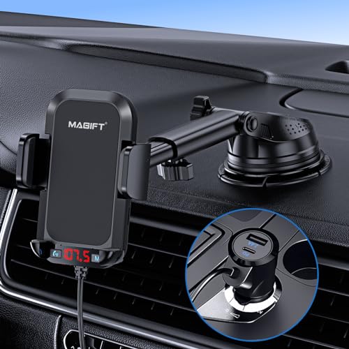 Bluetooth 5.3 FM Transmitter für Auto mit Telefonhalter/30W PD & QC 3.0 Windschutzscheibe, Dashboard Mount Unterstützt TF/SD Karte 64G/3.5mm AUX Input/Support Drive Play Music von magift