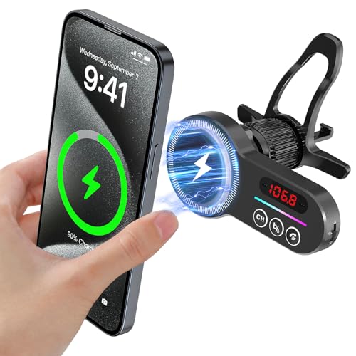 Kabelloser Bluetooth 5.3 FM Transmitter Autoadapter [Für Magsafe] mit Lüftungsschlitzinstallation 7 RGB Hintergrundbeleuchtung, HiFi Bass Sound Unterstützt TF/SD Karte/3.5mm AUX Musikwiedergabe von magift