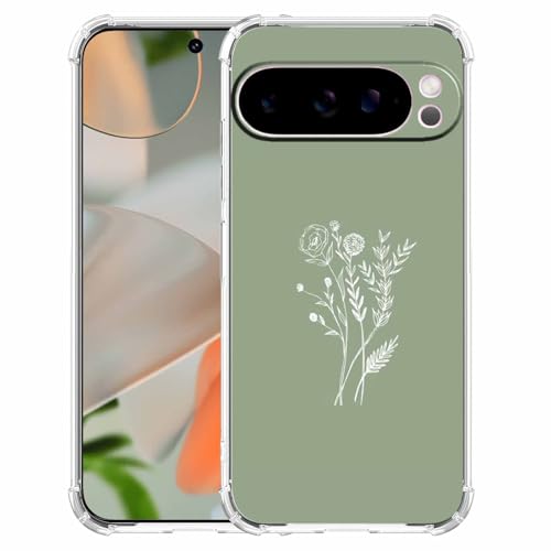 malegaon Schutzhülle für Google Pixel 9 Pro XL aus weichem TPU, Motiv: Blume, minimalistisch, kunstvolles botanisches Muster, Salbeigrün von malegaon