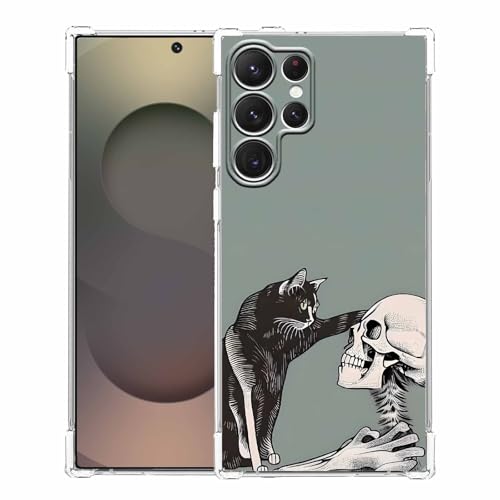 malegaon Schutzhülle für Samsung Galaxy S25 Ultra mit Katze und Totenkopf, Hippie schreckliche schwarze Katze und Skelett, weiche TPU-Bumper für Galaxy S25 Ultra von malegaon