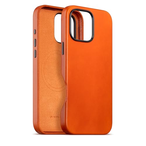 maogoam Schutzhülle für iPhone 16 Pro (6,3 Zoll), kompatibel mit MagSafe, echtes pflanzlich gegerbtes Ölwachs, genarbtes Leder, Metallknöpfe und Kamera-Anstoßrahmen, eleganter Stil, Orange von maogoam
