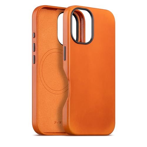 maogoam für iPhone 16 Tasche Leder 6,1 Zoll, kompatibel mit MagSafe, echtes vegetabil gegerbtes Öl Wachs Top-Grain Leder, Metall Knöpfe & Kamera Bump Frame, eleganter Stil, Orange von maogoam