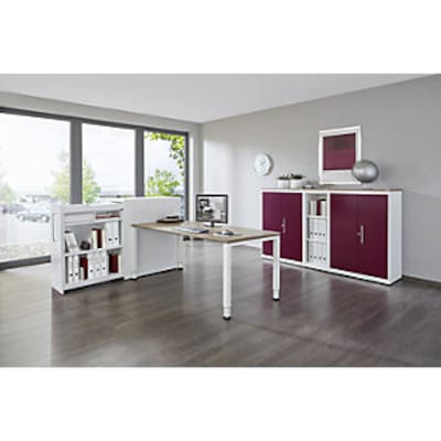 Hochauszugschrank, Thekenelement rechts stehend, H 1025 mm, reinweiß / rubinrot Hochauszugschrank, Thekenelement rechts stehend, H 1025 mm, reinweiß / rubinrot von mauser