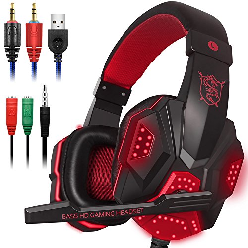 Gaming Headset mit Mic und LED Licht für Laptop Computer, Handy, PS4 und die Neue Xbox One, DLAND 3.5mm Wired Noise Isolation Gaming Kopfhörer - Lautstärkeregler (Schwarz und Rot) von maxin