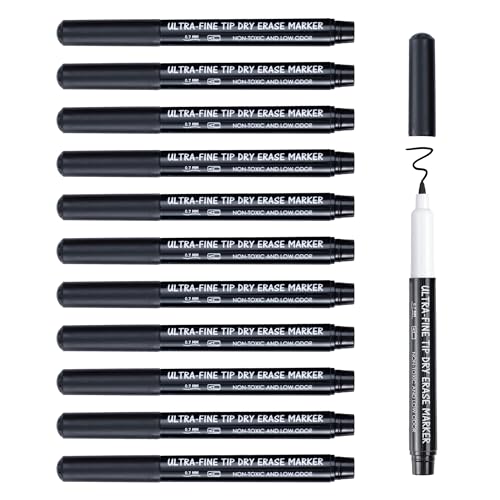 maxtek 0,7 mm Whiteboard Stifte, 12 Schwarz Whiteboard Marker Dünn, Trockenwischer Folienstift Abwischbar, Folienstift Non Permanent mit Ultra Feiner Spitze von maxtek
