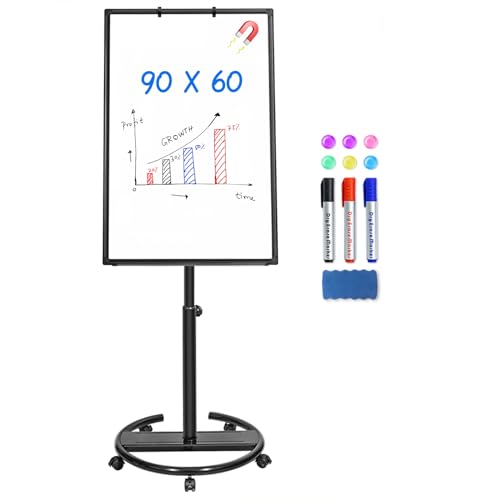 maxtek Flipchart Whiteboard，90x60cm Flipchart Ständer mit Flipchart-Haken, Magnethaftende und Beschreibbare Tafel, Höhenverstellbar, 1 Magnetischem Radierer, 3 Markern und 6 Magneten von maxtek