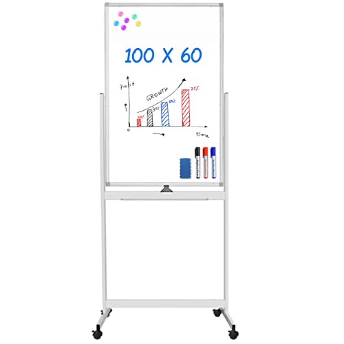 maxtek Magnetische Mobiles Whiteboard, 100 x 60 cm Doppelseitiges Whiteboard mit Ständer, Rollende Weißtafel - mit Stifte, Schwämme, Magnete von maxtek