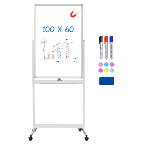 maxtek Mobiles Whiteboard, 100 x 60 cm Doppelseitiges Whiteboard mit Ständer, Magnetische, Aluminiumrahmen - mit Stifte, Schwämme, Magnete​ von maxtek