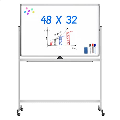 ​maxtek Mobiles Whiteboard, 120 x 80 cm Doppelseitiges Whiteboard mit Ständer, Magnetische, Aluminiumrahmen - mit Stifte, Schwämme, Magnete von maxtek