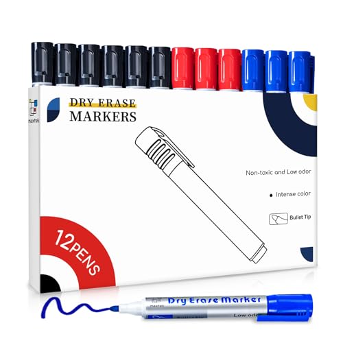 maxtek Whiteboard Marker, 12 Whiteboard Stifte Rundspitze 2-3 mm Strichstärke, Set mit 3 Farben, hohe Qualität, rückstandsfrei trocken abwischbar (6 Schwarz, 3 Rot, 3 Blau) von maxtek