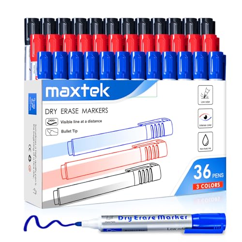 maxtek Whiteboard Marker, Whiteboard Stifte Abwischbar, Rundspitze ca.2-3mm Linienbreite, Set mit 3 Farben hohe Qualität Geruchsarme Tinte, Zubehör für Schule, Büro, Zuhause von maxtek
