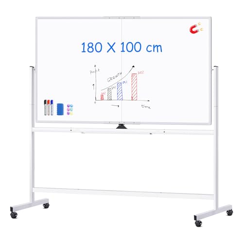 maxtek Whiteboard mit Ständer 180 X 100cm, Doppelseitiges Magnetisches Aluminiumrahmen Mobiles Whiteboard mit Stifte, Schwämme, Tafellöscher von maxtek