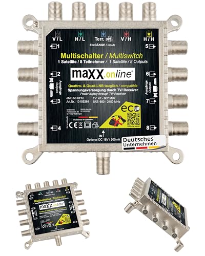 maxx.onLine Multischalter 8 Teilnehmer & 1 Satellit, Quad- & Quattro LNB tauglich, kein Netzteil notwendig, DVB-S Multiswitch 5/8 mit eco Sparmodus von maxx.onLine