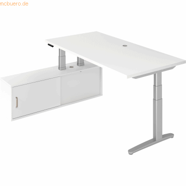 mcbuero.de Sitz-Stehtisch 200x100x65/130cm + Sideboard Weiß/Silber von mcbuero.de