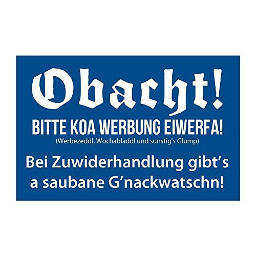 meinherzschlag.de Briefkastenaufkleber 'Obacht! Koa Werbung.' - Blau - Polyethylen (PE) - Bauernhaus - Anti-Werbung - Warnsymbol - Rechteckig von meinherzschlag.de