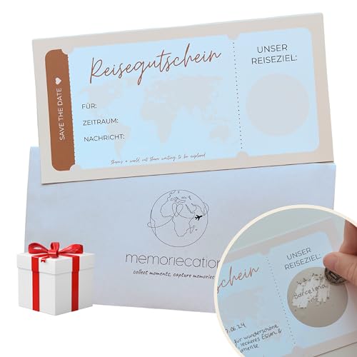 memoriecation® Reisegutschein mit Rubbelaufkleber - Perfektes Reise Geschenk für Freundin, Freund oder Familie - Gutschein Reise mit Geschenk Verpackung inklusive - Geschenkideen für Frauen von memoriecation