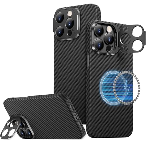 memumi Magnetic Carbon Hülle für iPhone 15 Pro Max, kompatibel mit Mag-Safe, mit Standfunktion, Hülle aus echter Aramidfaser [100% Aramidfaser] mit Fallschutz in Militärqualität für iPhone 15 Pro Max von memumi