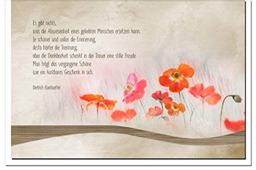 metALUm Einzigartige XXLTrauerkarte Format A4 mit Spruch von Dietrich Bonhoeffer Mohnblumen mit Echtholz-Verzierung von metALUm