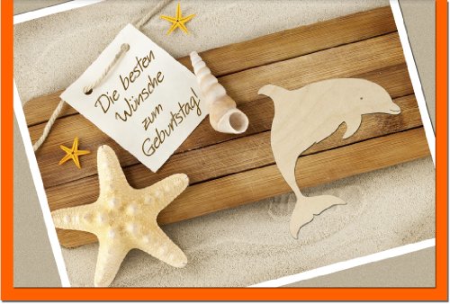 metALUm Premium-Glückwunschkarte zum Geburtstag im maritimen Stil in harmonischen Farben und kleinem Delphin aus echtem Holz von metALUm