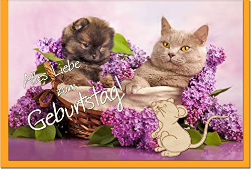 metALUm Premium-Glückwunschkarte zum Geburtstag mit süßer Katze, kleinem Hündchen und niedlicher Maus aus echtem Holz von metALUm