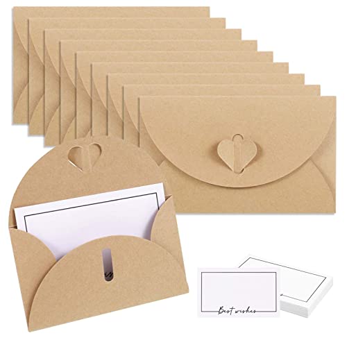 metagio Mini Briefumschläge, 30 Kraftpapier Umschläge mit 30 Blanko Papier Karten, Briefumschläge Hochzeit, Briefumschlag mit Herz Verschluss für Hochzeite Grußkarten Geburtstagskarten Party Einladung von metagio