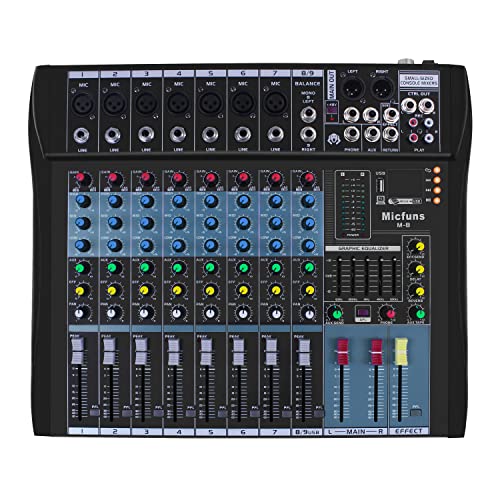 Live Mischpult Micfuns Professionelles 8 Kanal Stereo Sound Mischpult Bluetooth USB Aufnahme Computerwiedergabe Phantomspeisung USB DigitalAudio Mixer Verstärker von micfuns