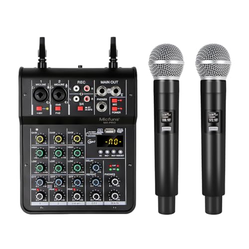 M4pro Audio-DJ-Mixer Soundboard-Konsolensystem, 4 Kanal-48-V-Phantomspeisung mit Bluetooth-USB-MP3-Stereo-Live-DJ-Studio-Streaming with 2 handhold microphone M4pro Audio-DJ-Mixer Soundboard-Konsolensystem, 4 Kanal-48-V-Phantomspeisung mit Bluetooth-USB-MP3-Stereo-Live-DJ-Studio-Streaming with 2 handhold microphone von micfuns