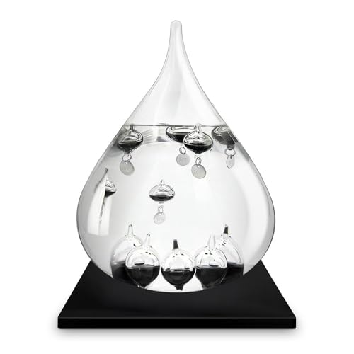 MikaMax Galileo Thermometer XXL – Tropfenform mit Holzständer, 27 cm – Dekoratives Wetterinstrument, 9 Kugeln zur Temperaturanzeige in Celsius – Schwarz von mikamax