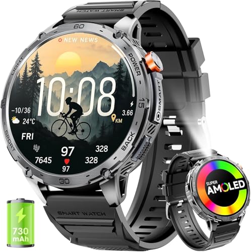 mingwear Smartwatch Herren 1,75“ HD AMOLED Display 730mAh Lange Akkulaufzeit Smart Watches mit LED-Taschenlampe für Android iOS（Bluetooth Anrufannahme/Wahlanrufe） Fitness Tracker mit 100+ Sportarten von mingwear