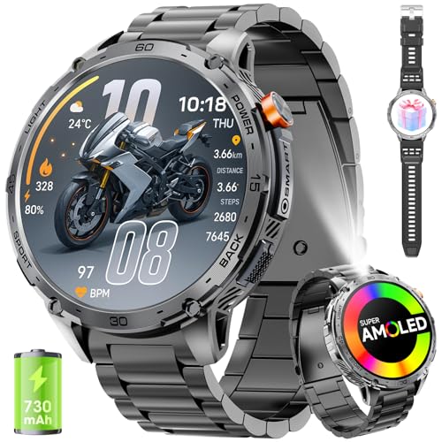 mingwear Smartwatch Herren 1,75“ HD AMOLED Display 730mAh Lange Akkulaufzeit Smart Watches mit LED-Taschenlampe für Android iOS（Bluetooth Anrufannahme/Wahlanrufe） Fitness Tracker mit 100+ Sportarten von mingwear