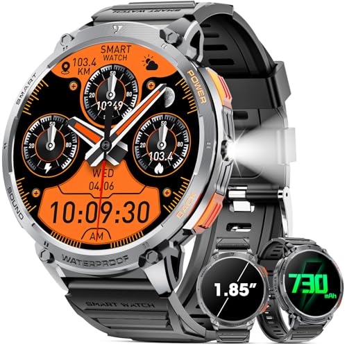 mingwear Smartwatch Herren 1,85“ HD Touchscreen 730mAh Lange Akkulaufzeit Smart Watch Herren mit LED-Taschenlampe für Android iOS （Bluetooth Anrufannahme/Anrufe） Fitness Tracker mit 100+ Sportarten von mingwear