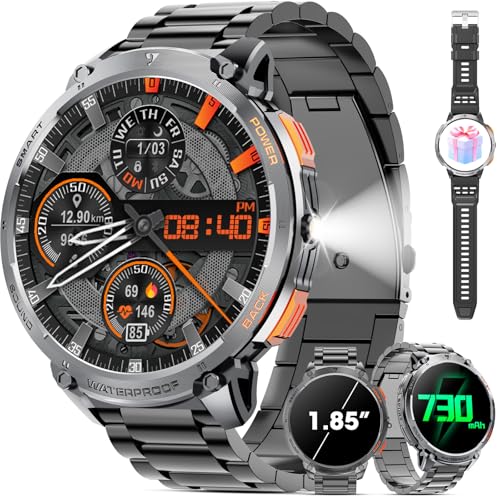 mingwear Smartwatch Herren 1,85“ HD Touchscreen 730mAh Lange Akkulaufzeit Smart Watch Herren mit LED-Taschenlampe für Android iOS （Bluetooth Anrufannahme/Anrufe） Fitness Tracker mit 100+ Sportarten von mingwear