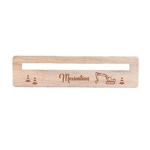 minimutz Lesehilfe Kinder 1. Klasse Holz | Personalisiertes Lesezeichen mit Name | Lesestreifen Lineal mit Lesefenster Schulkind | Hilfe bei Legasthenie Lesen Lernen Bagger Baustelle von minimutz