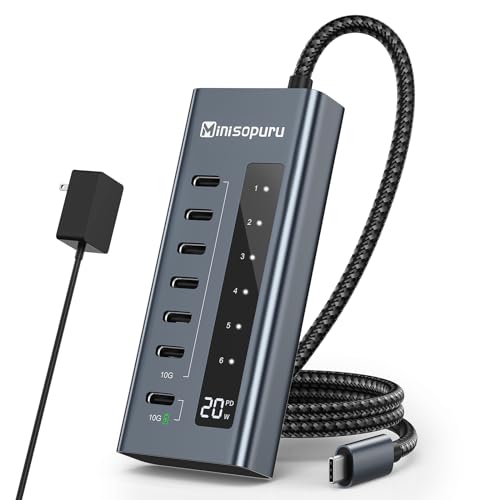 Minisopuru Powered USB C Hub, 7 in 1 USB C Hub, unterstützt 10 Gbit/s Daten und schnelles Aufladen (Nicht unterstützt Video), USB-C auf USB-C Hub für MacBook Pro/Air, iMac, iPad, Phone von minisopuru