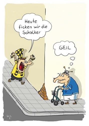 Postkarte A6 +++ CARTOON von modern times +++ FUSSBALL HEUTE FICKEN WIR DIE SCHALKER +++ KÖPENICKER CG © LARS, Mario von modern times