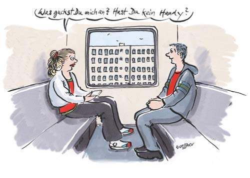 Postkarte A6 +++ CARTOON von modern times +++ HAST DU KEIN HANDY? +++ KÖPENICKER CG © WOESSNER, Freimut von modern times