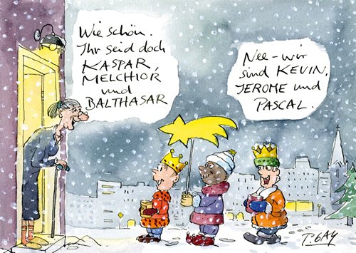 Postkarte A6 +++ WEIHNACHTEN von modern times +++ KEVIN, JEROME UND PASCAL +++ CARTOON CONCEPT © GAYMANN, Peter von modern times