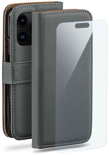 moex Handyhülle für Apple iPhone 15 Pro Hülle mit [Kartenfach] [Standfunktion] [Premium PU Leder] Schutzhülle Klapphülle Handytasche Lederhülle mit Schutzfolie - Dunkelgrau von moex