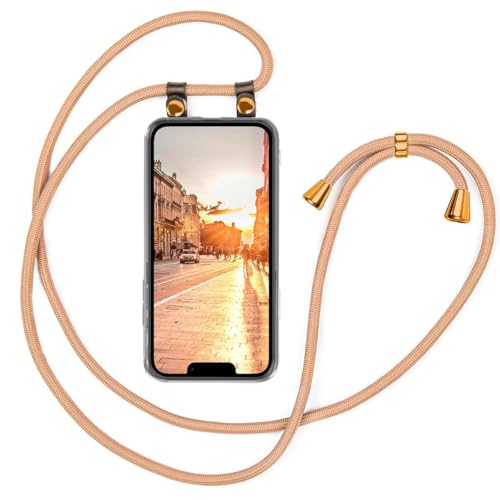 moex Handykette kompatibel mit Apple iPhone 13 Mini Hülle mit Band Längenverstellbar, Handyhülle zum Umhängen, Silikon Case Transparent mit Kordel Schnur abnehmbar in Gold von moex