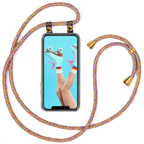 moex Handykette kompatibel mit Apple iPhone X/iPhone XS Hülle mit Band Längenverstellbar, Handyhülle zum Umhängen, Silikon Case Transparent mit Kordel Schnur abnehmbar in Rainbow von moex